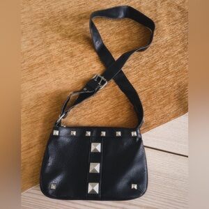 Y2K black leather shoulder bag with metal studs